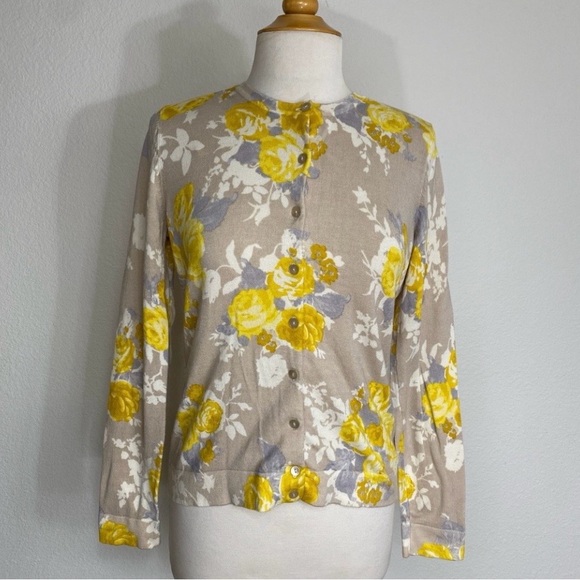 Charter Club Sweaters - Charter Club Women's Tan Golden Watercolor Floral Soft Button Cardigan Size M